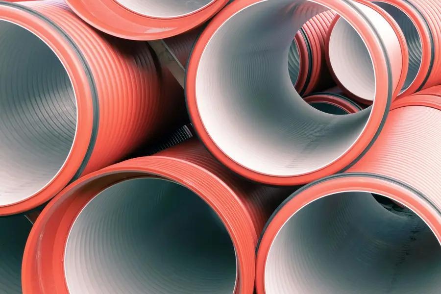 Stack of orange corrugated drainage pipes seen end-on